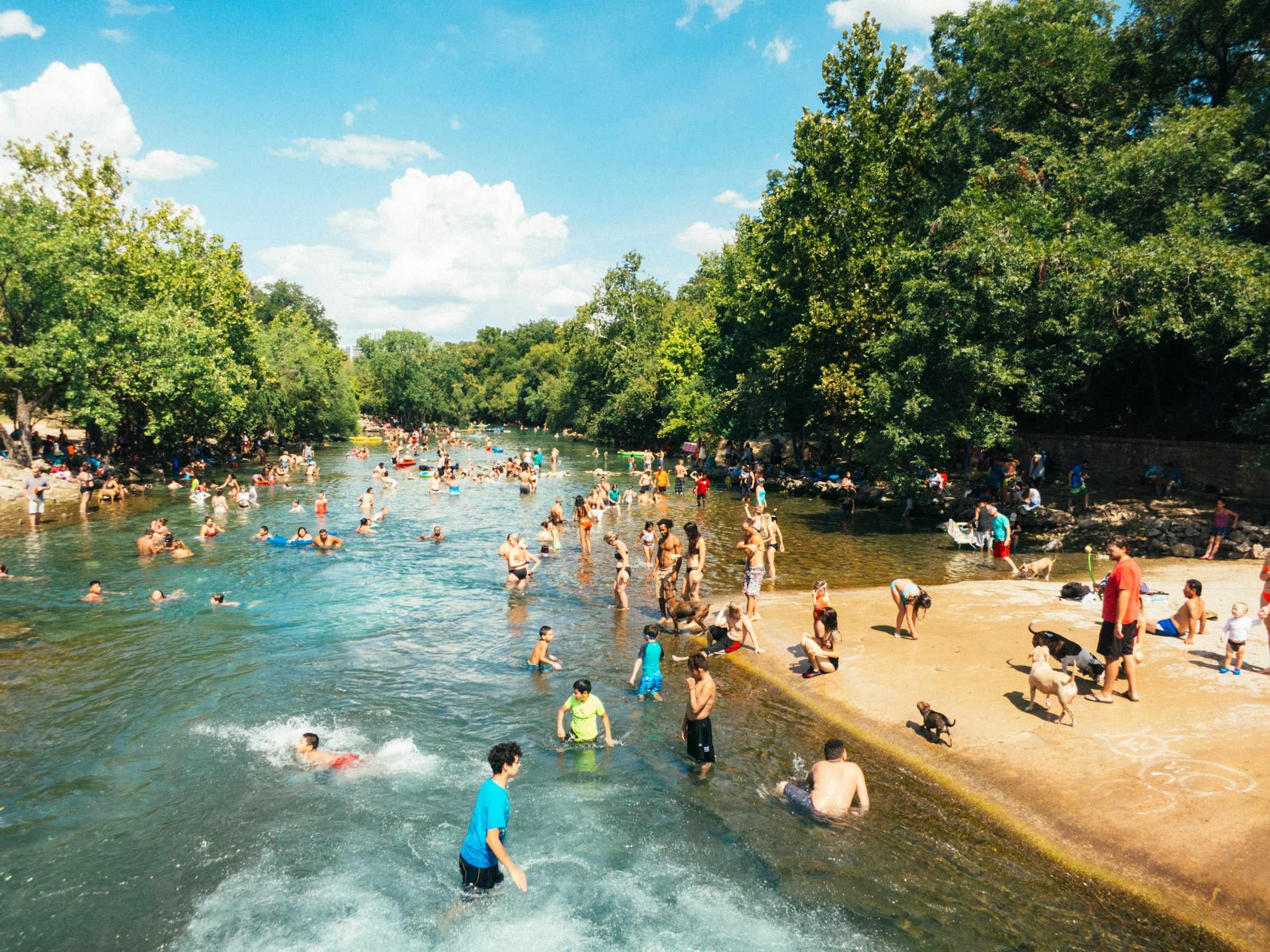 Swimmers at Barton Springs Pool in Austin on a sunny day