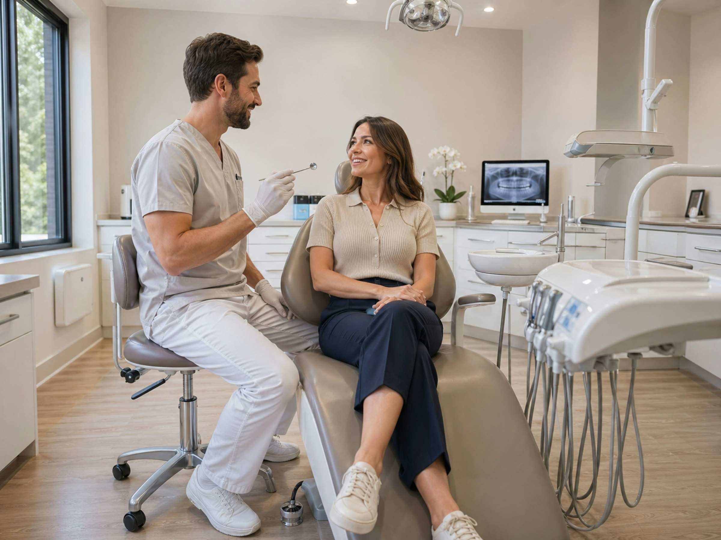 A dentist sits and talks with a patient in the chair before the visit starts